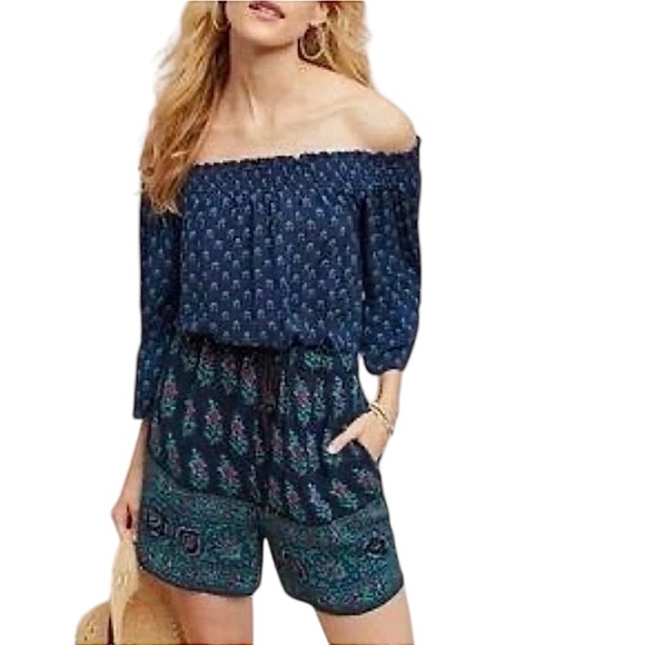 Anthropologie Ett Twa Romper Size XS One Piece Shorts Top Blue Floral Kaleo - Picture 16 of 16